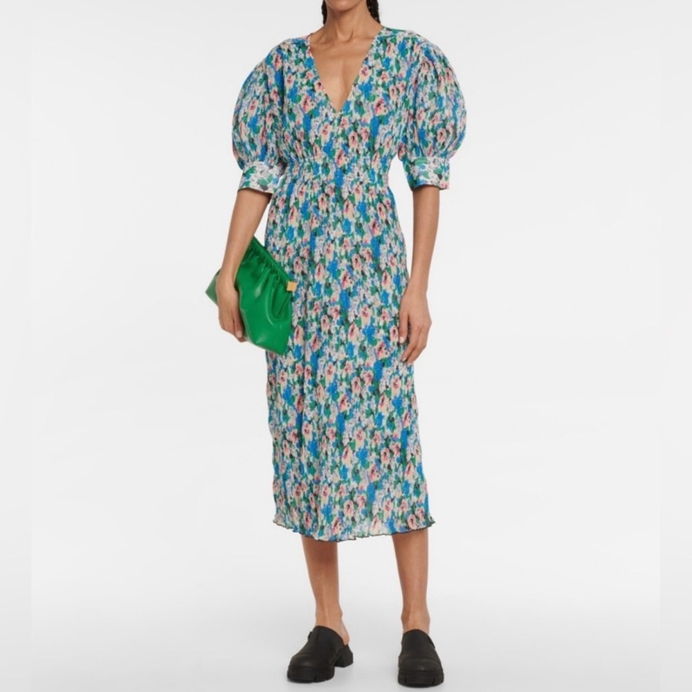 Ganni Pleated Georgette Floral V‑Neck Puff‑Sleeve Midi Dress